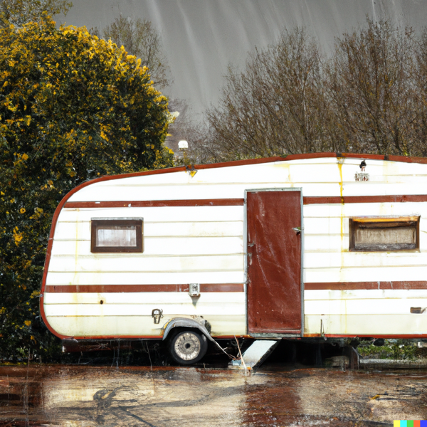 old caravan parked in an industrial park under heavy rain
