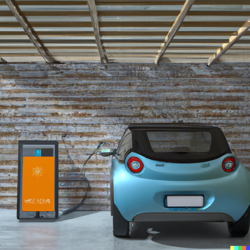 An electric vehicle charging electricity inside a garage, image created by DALL-E
